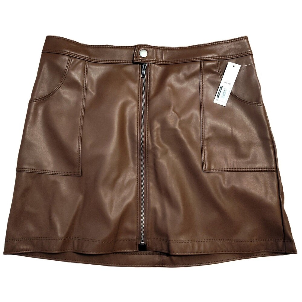 NWT Sexy Fall Brown Faux Leather Mini Skirt Front Zipper, Button & Pockets SZ L